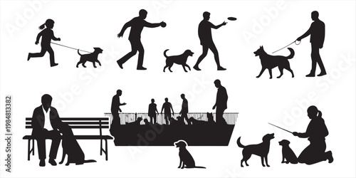 Group people all ages activities with dogs vector silhouette set collection.