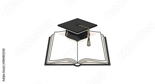 Academic Graduation Cap Perched Upon Open Knowledge Book Symbolizing Education Achievement Learning and Personal Growth Towards Lifelong Wisdom and Success in Intellectual Pursuits