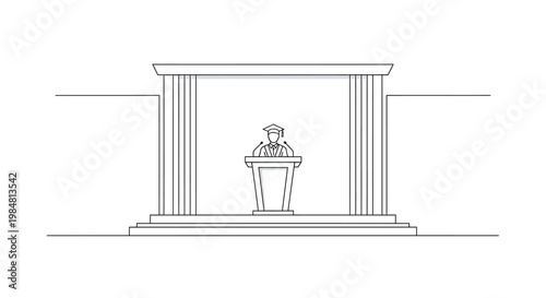 Formal Podium Presentation Space with Classical Architecture Pillars and Architectural Design Elements Featuring a Speaker at a Lectern Ready to Address an Audience in a Ceremonial Setting