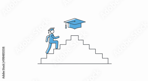 Ascending stairs represents the journey of advancing education culminating in attaining a graduation cap symbolizing academic achievement and future aspirations for career growth and success