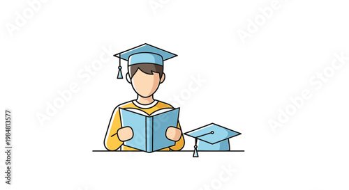 A student wearing a graduation cap is engrossed in reading an open book with another academic cap resting beside them symbolizing achievement and the pursuit of knowledge within educational