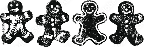 Four gingerbread cookies in various shapes and decorations on a white background