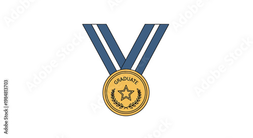 Golden medal awarded to a graduate with a star and laurel wreath signifies academic achievement and successful educational completion on a plain surface representing triumph and recognition for