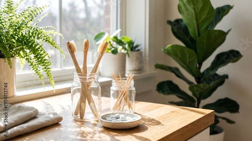 Eco-Friendly Bamboo Toothbrushes in Glass Jar with Toothpaste Tablets and Indoor Plants for a Sustainable Zero Waste Oral Care Lifestyle