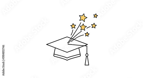 Graduation cap with celebratory stars bursting upwards symbolizing academic achievement and the successful completion of educational milestones representing knowledge and future opportunities