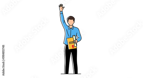 Person holding achievement diploma warmly waving hand showing greeting and success conveying positive emotion and celebration for earning credentials and reaching a milestone indicating