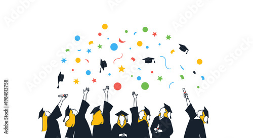 A Diverse Group of Students in Graduation Gowns Toss Their Caps in the Air Amidst a Shower of Colorful Confetti and Stars Celebrating Their Academic Achievement and Success Upon Completing Their