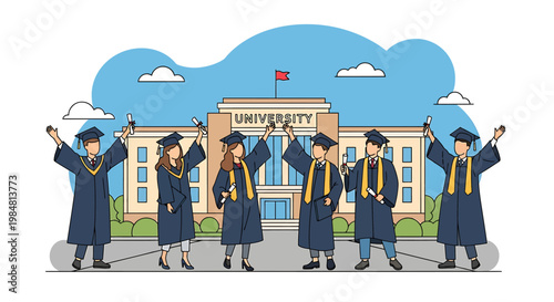 Celebrating academic achievement with joyful graduates in caps and gowns holding diplomas in front of a distinguished university building during a momentous graduation ceremony filled with pride