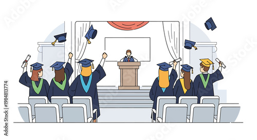 Graduation Ceremony Celebration Scene Featuring Diverse Students in Caps and Gowns Tossing Their Hats in Excitement Holding Diplomas While Standing in Front of an Audience Seating Area on Stage