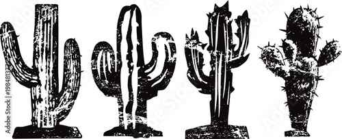 Vintage black silhouette set of four different cactus shapes with textured distressed