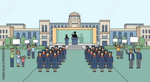 Expansive university campus grounds host a celebratory graduation ceremony with robed students parading across manicured lawns before a grand academic hall adorned with a prominent clock tower