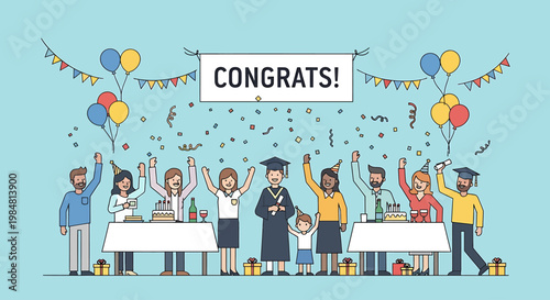 Joyful diverse graduates celebrate academic achievement with party decorations and festive attire receiving congratulations and marking a significant milestone of success and future endeavors in