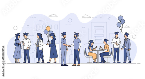A charming scene depicts diverse individuals celebrating a significant academic accomplishment with happy interactions and decorations reflecting future aspirations and educational milestones in