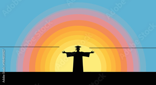 Silhouette graduate figure stands with open arms against a vibrant radiating sunset horizon featuring concentric color bands of orange yellow and red symbolizing achievement and new beginnings