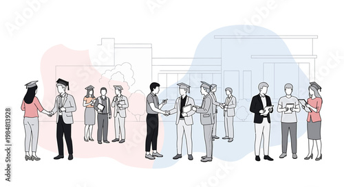 Diverse group of individuals celebrating graduation outdoors near academic buildings wearing caps and gowns holding diplomas and interacting with peers and faculty in a joyous and academic