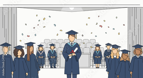 Excited graduates celebrate achievements in academic attire at a formal ceremony with confetti falling signifying accomplishment and the culmination of years of dedicated learning and hard work