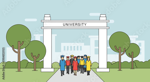 Diverse group of students wearing graduation caps and gowns walk through a university entrance archway surrounded by trees and academic buildings signifying commencement and higher education