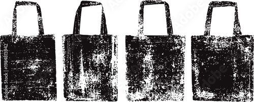 set of four grunge textured tote bags with handle outlines, distressed vintage vector illustration