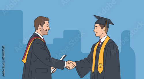 Happy graduate in cap and gown receives diploma from proud educator during academic ceremony celebrating educational achievement and scholarly success signifying future opportunities and career