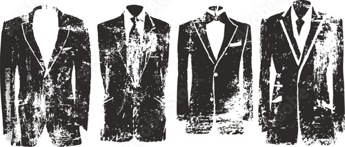 Vintage distressed suits silhouettes set with varying lapels and ties styles in black and white