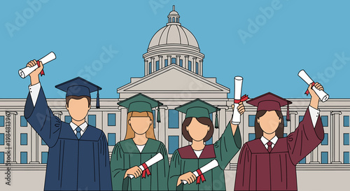 Diverse group of young adults in academic regalia holding diplomas celebrates educational achievement in front of a grand institutional building symbolizing success and future opportunities