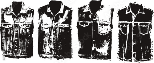 Four sleeveless denim jackets with pockets and button up fronts in different washes and styles
