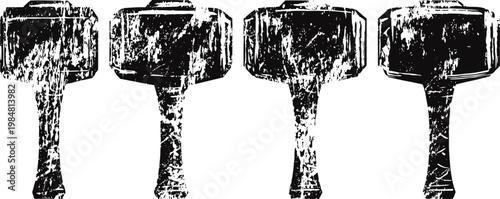 Set of four vintage wooden mallets with worn textured hammerheads and handles