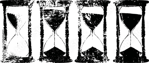 vintage hourglass set with different sand levels, old time measuring devices in black and white