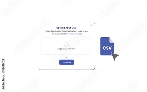 CSV file upload concept. Drag and drop area and file selection option. Data import, file upload, and spreadsheet integration. Flat illustrator vector file. High quality image