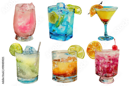Collection of six colorful cocktails isolated on transparent background. Vibrant watercolor cocktails illustration with ice isolated on white background.