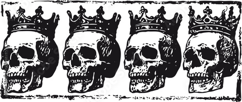 Four vintage skulls wearing royal crowns in black and white illustration