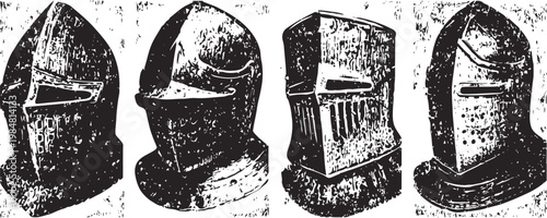 Vintage knight helmets collection medieval armor headgear, battle protection, history and warfare concept