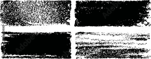 Set of four black grunge brush strokes with rough textured edges on white background