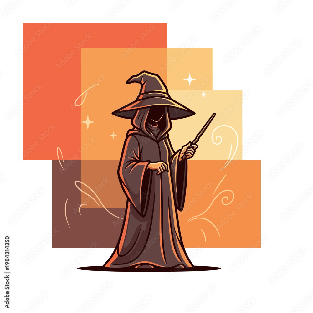 Fototapeta premium A mysterious wizard in a dark robe and pointed hat holding a magic wand, with abstract orange squares in the background.