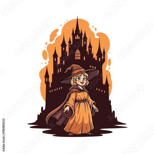 A cute cartoon witch in a brown robe and hat stands in front of a spooky castle silhouette.