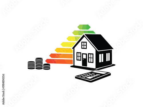Energy efficiency rating displayed on a model house with calculator and coins, representing home energy audit, cost savings, and sustainable housing. Concept of energy conservation.
