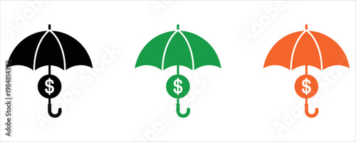Minimalist illustration of three vibrant umbrellas shielding dollar symbols, symbolizing financial protection and investment security. Ideal for business, finance, and insurance marketing materials.