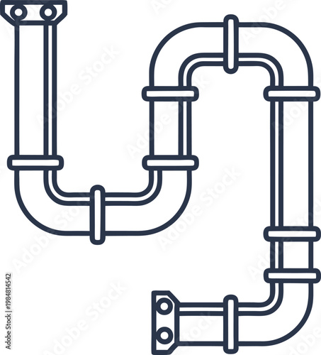 Curved industrial pipes with flanges and connectors in schematic for engineering design