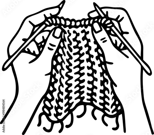 Hands knitting with needles creating textured fabric, craft hobby, yarn weaving activity