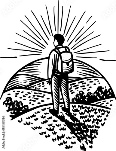 Hiker with backpack standing on hilltop watching sunrise over rolling hills and nature landscape