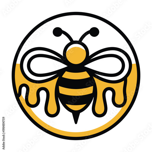 Illustrated bee with honeycomb pattern inside a circular frame