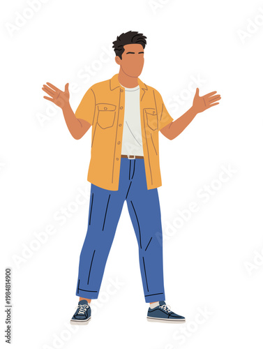 Young man gestures with open arms, appearing surprised or confused. He wears a yellow shirt and blue jeans. His expression shows mild bewilderment or excitement. Ideal for web design, social media