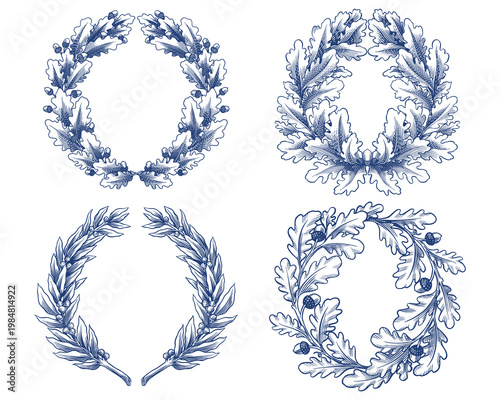 Vintage oak and laurel wreath in engraving style. Decorative element for award or emblems with luxury design. Engraving hand drawn in hatching and lineart style.