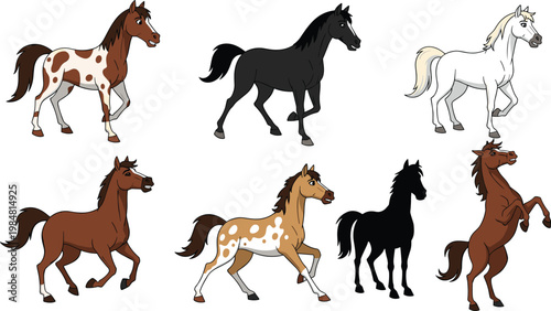 Horse Illustration Set with Different Breeds, Colors, and Running Poses for Animal Design, Equestrian Themes, and Farm or Wildlife Concepts