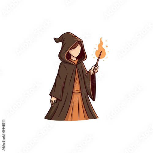 A stylized illustration of a wizard in a brown hooded robe casting a spell with a glowing wand.