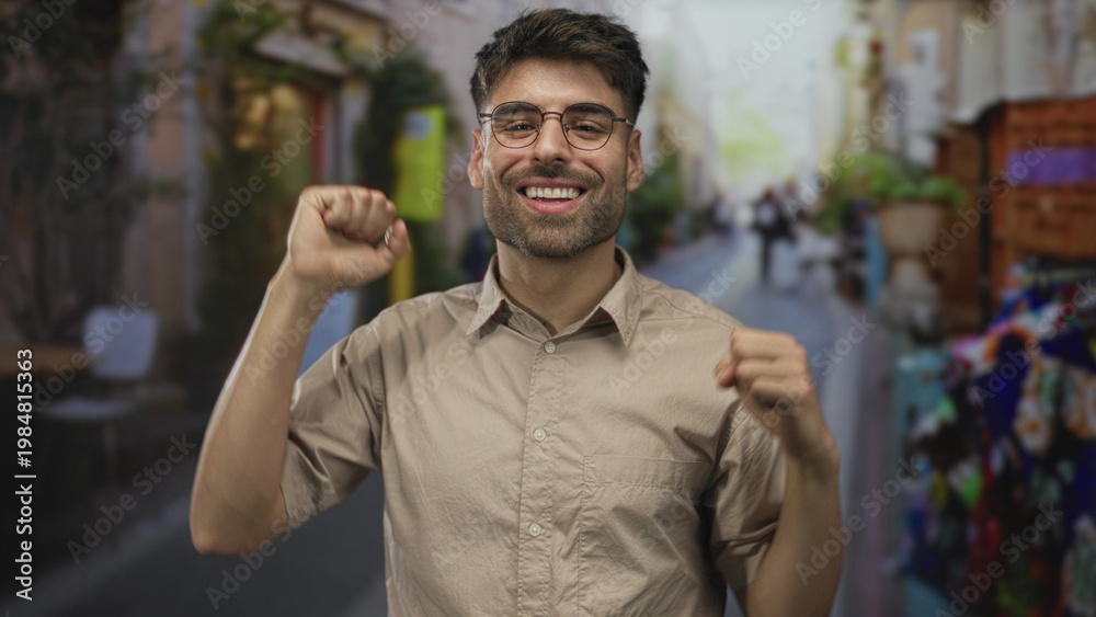 Obraz premium Smiling bearded man wearing glasses clenches fists on a sunny city street with shops and passerby blur; joy triumph.