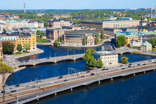 Aerial view of Swedish Parliament Riksdag building and bridges in central Stockholm