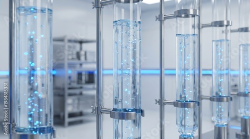 Futuristic Pharmaceutical Laboratory Equipment with Glowing Blue Liquid and Bubbles in Transparent Glass Test Tubes