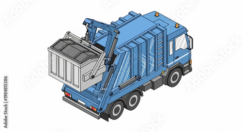 Blue Isometric Garbage Truck Illustration Lifting a Waste Container. Modern Sanitation and Waste Management Concept Isolated on White.