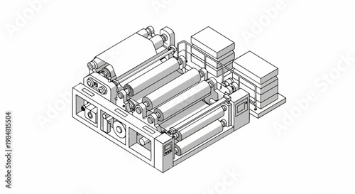 Isometric Industrial Machinery Technical Drawing: Printing Press or Paper Manufacturing Machine Line Art Illustration for Engineering, Production, and Factory Concepts